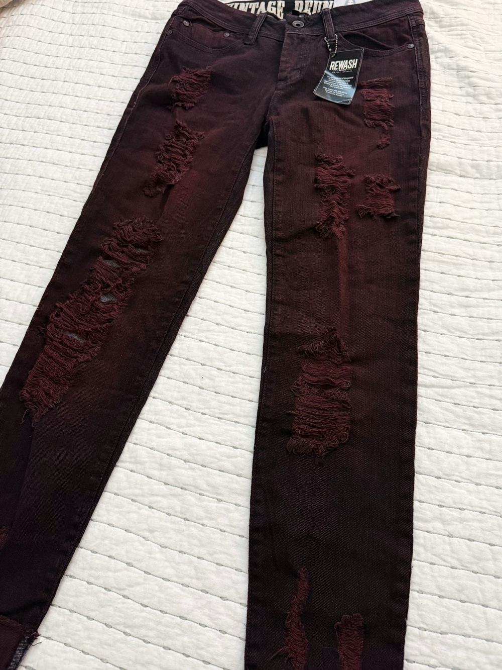 REWASH Dark Red Burgundy Distressed Wash Denim Ankle Skinny Jeans Cuffed Stretch